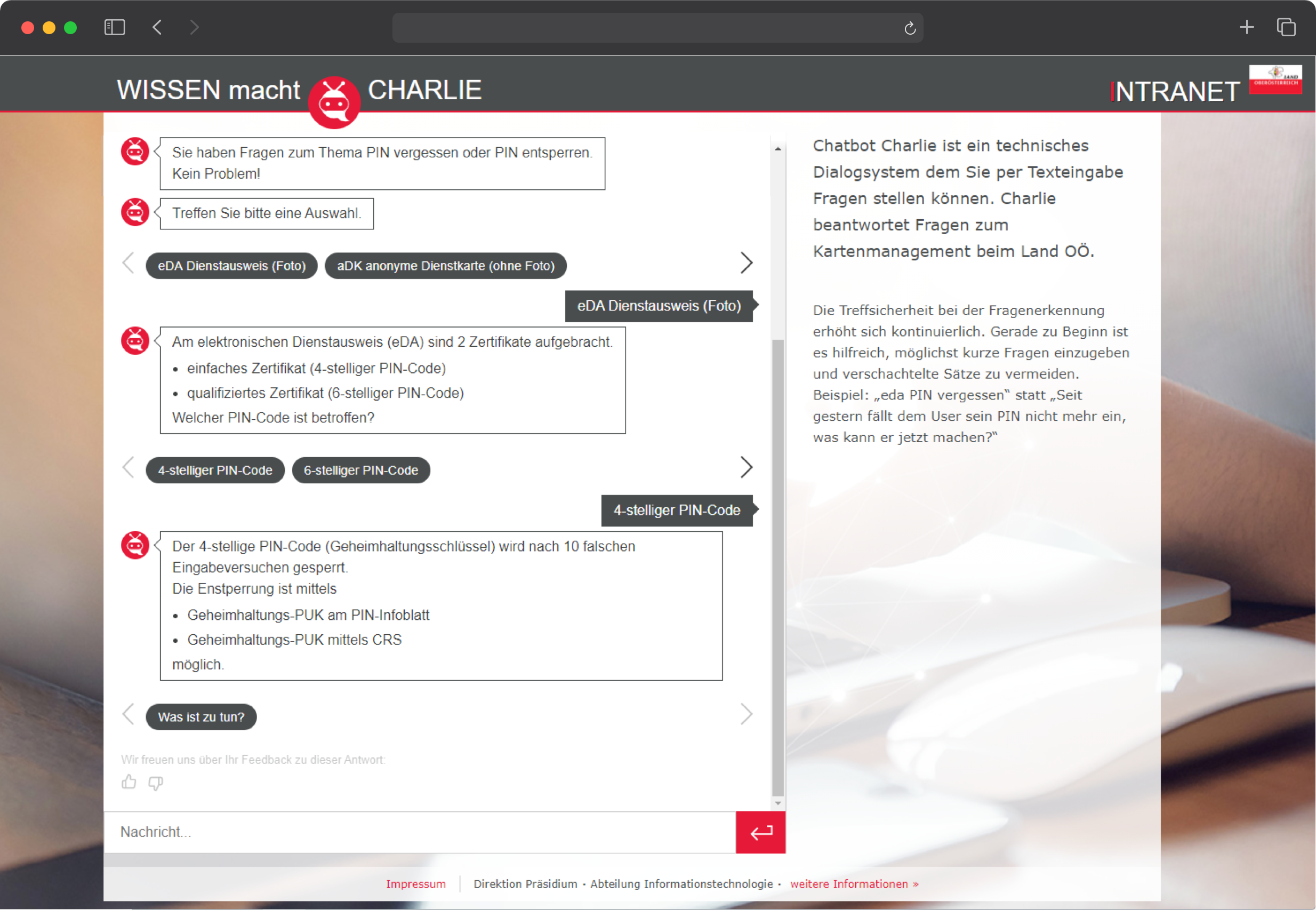 Screenshot von Chatbot Charlie