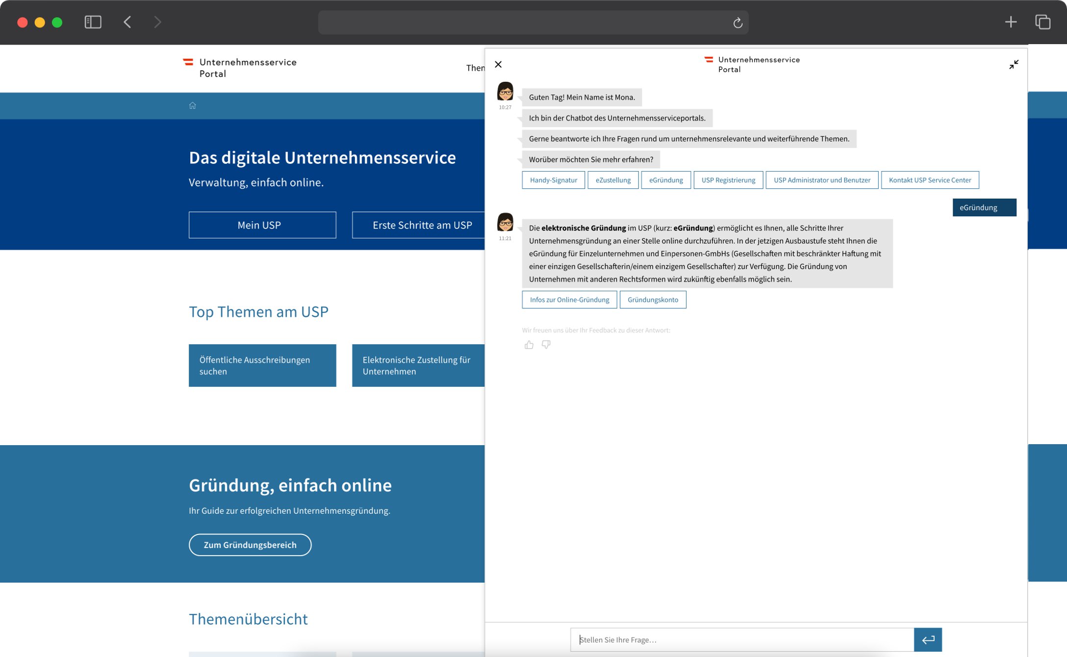 Screenshot von "Mona Unternehmensserviceportal"