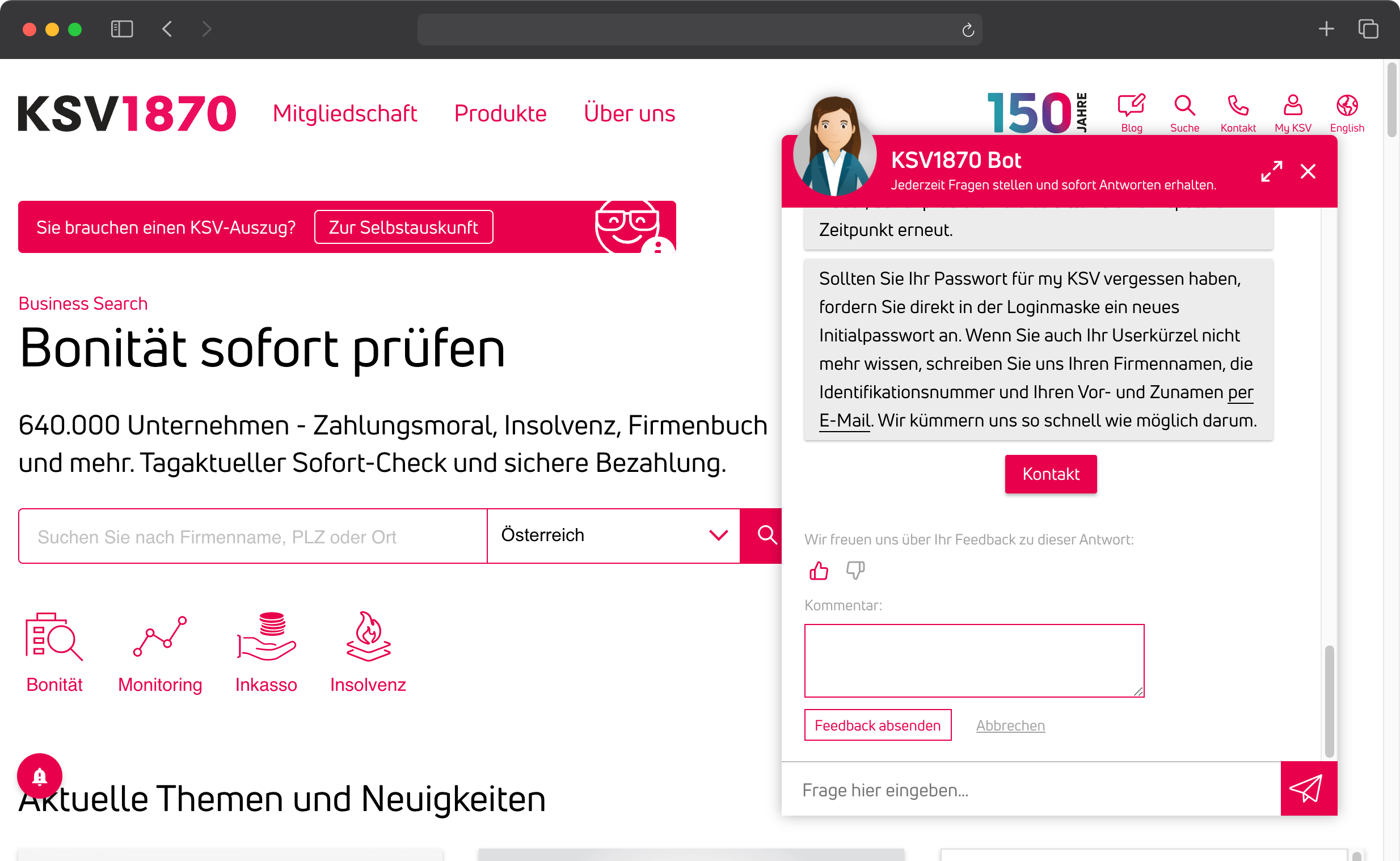 Screenshot von "Marie" auf der Website des KSV1870