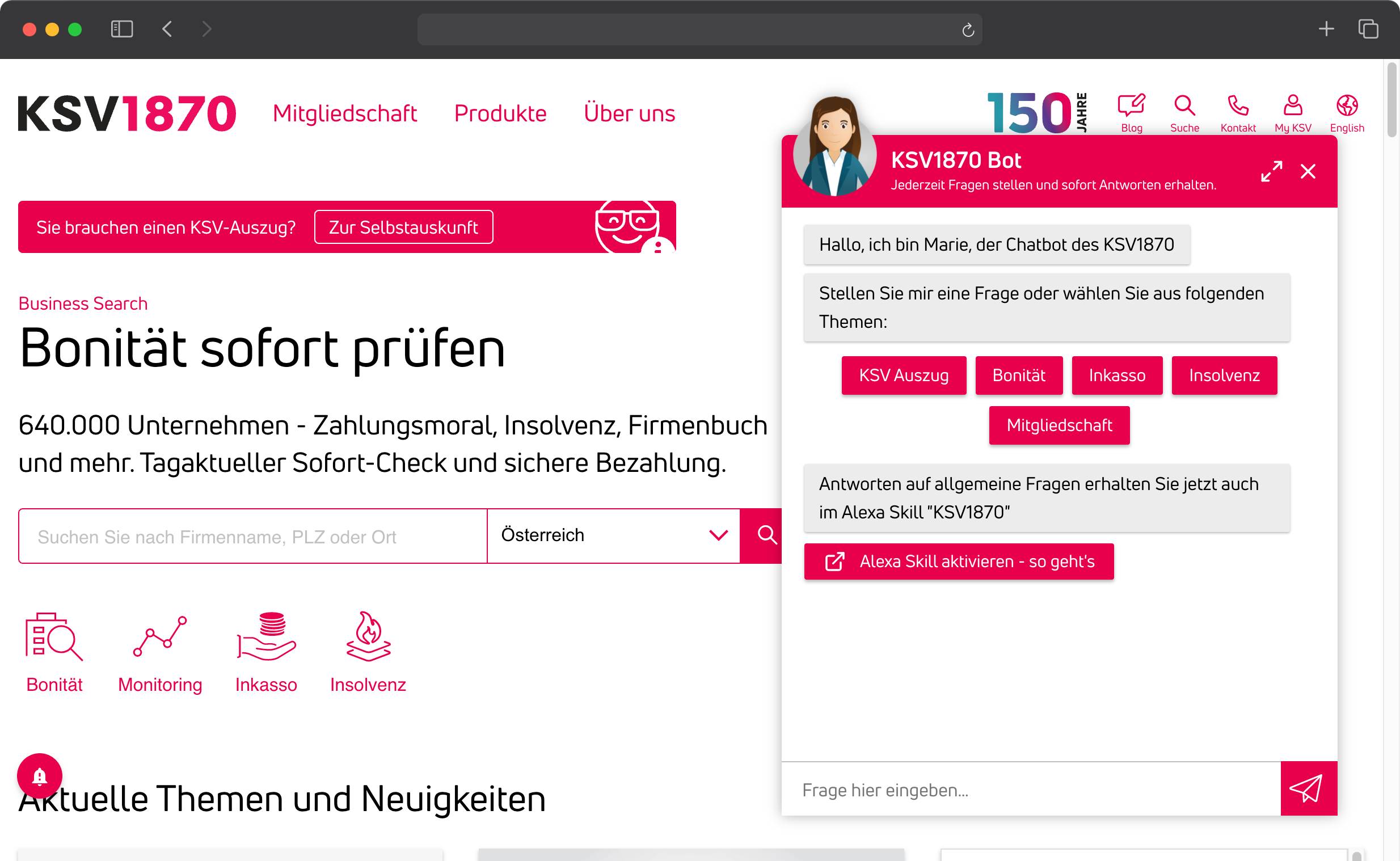 Screenshot von "Marie" auf der Website des KSV1870